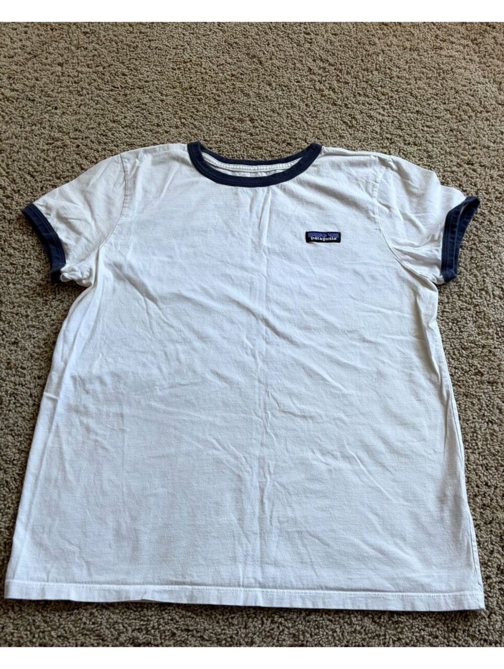 Patagonia Women's P-6 Label Organic Ringer Tee T-shirt white nave trim L LARGE